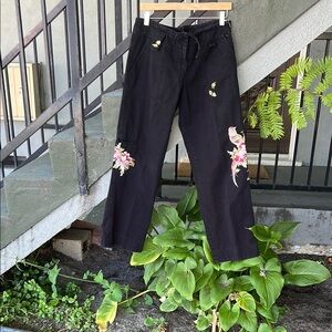 Johnny Was Floral and Birds Embroidered Black Pants Bohemian Resortwear Sz Small